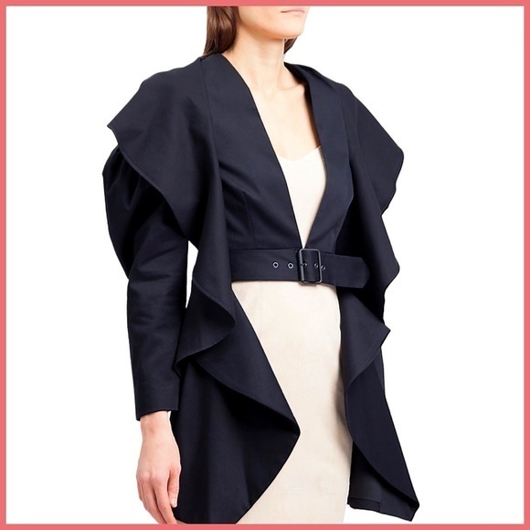 BCBGMaxAzria Black Belted Ruffle Trench Coat | Jacket - Picture 2 of 11